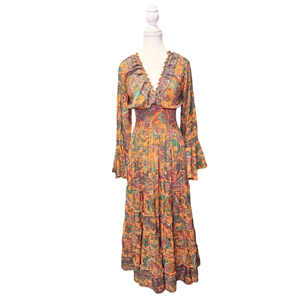 Boho Paisley Maxi Dress M L Ruched Waist Bell Sleeve Festival